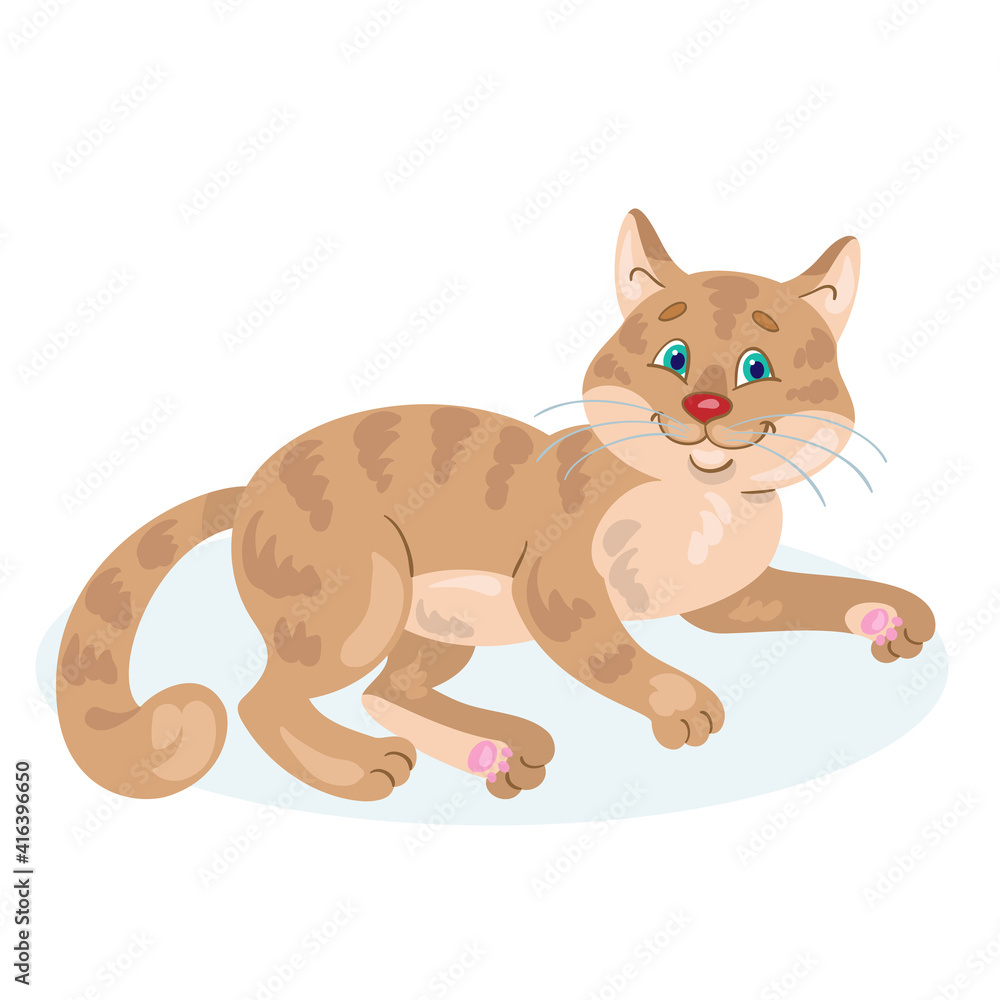 A cute brown cat is lying down. In cartoon style. Isolated on white background. Vector flat illustration.