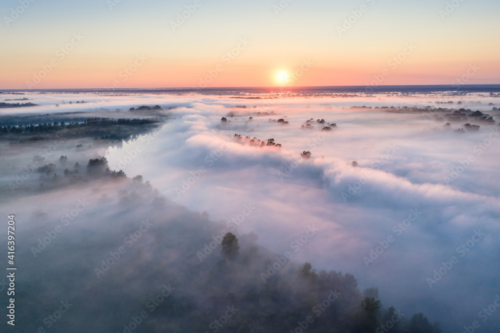 Spring landscape with fog