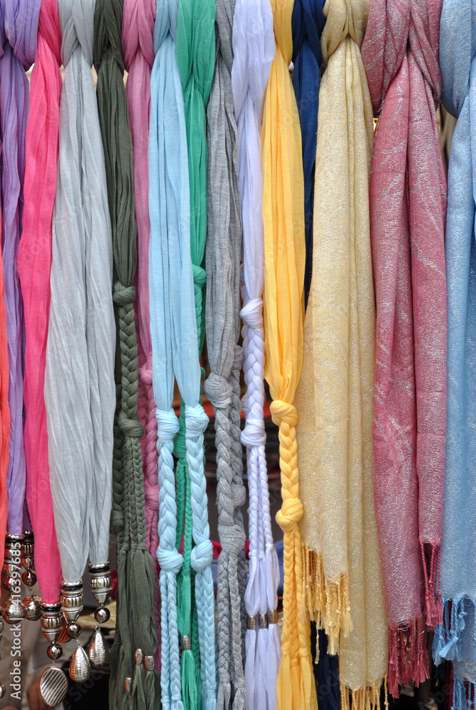 Close Up of Colourful Hanging Textile Material Close Up of Colourful Hanging Textile Material