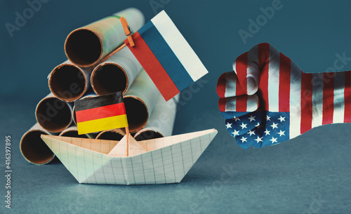 abstract vision Nord Stream 2, flag  USA american, russia, germany EU  sanction concept gas pipes 	
 photo
