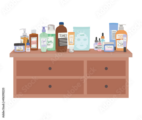 set of skincare icons on furniture with four drawers