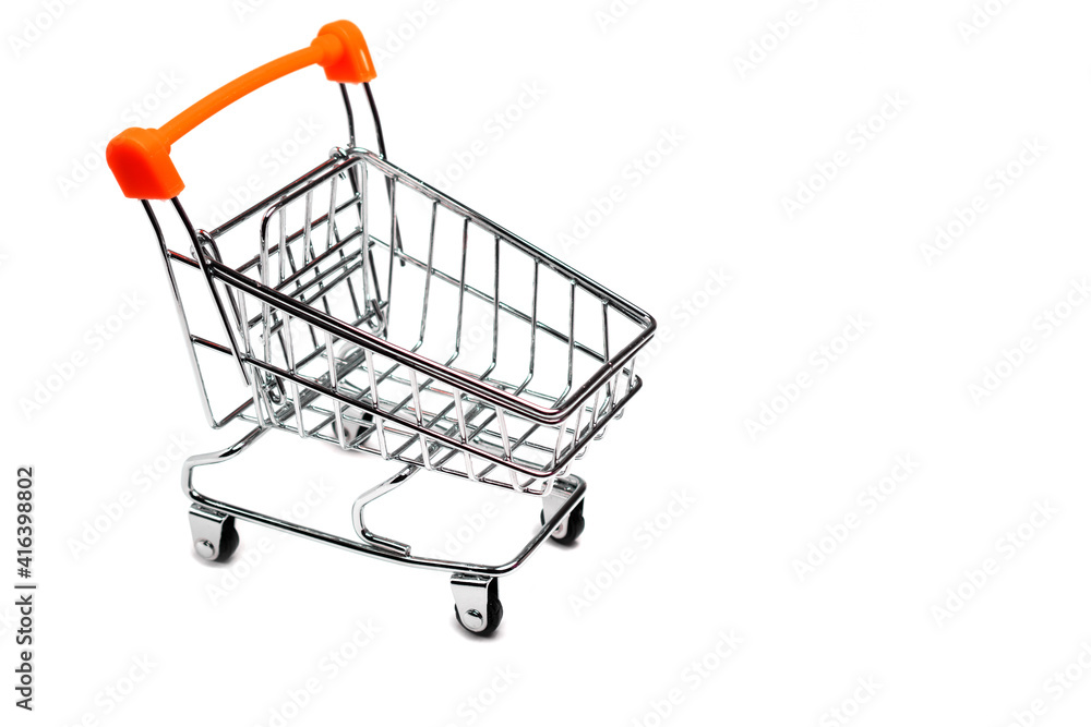 Empty shopping cart with red handle isolated on white background, buy and sell concept.