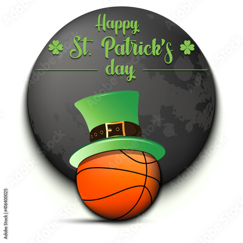 Happy St. Patricks day. Basketball ball in leprechaun hat on an isolated background. Pattern for greeting card, logo, banner, poster, party invitation. Vector illustration