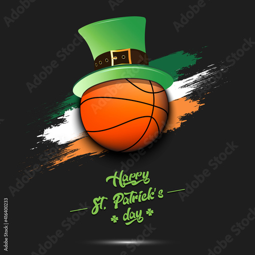 Happy St. Patricks day. Basketball ball in leprechaun hat the background of the Irish flag. Pattern for greeting card, logo, banner, poster, party invitation. Vector illustration
