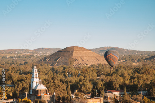Aerial view of Teotihuacan pyramids at sunrise