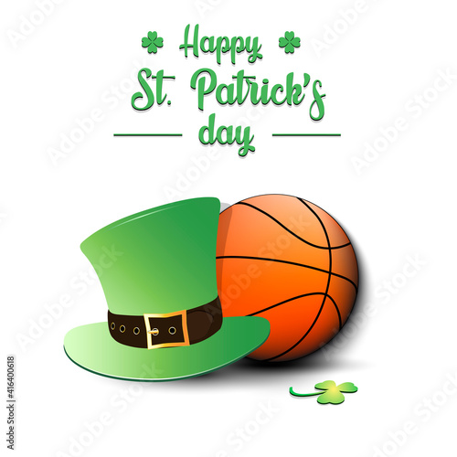 Happy St. Patricks day. Basketball ball and leprechaun hat on an isolated background. Pattern for greeting card, logo, banner, poster, party invitation. Vector illustration