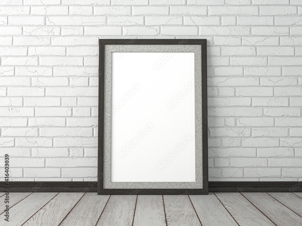 empty blank picture in black wooden frame in room interior