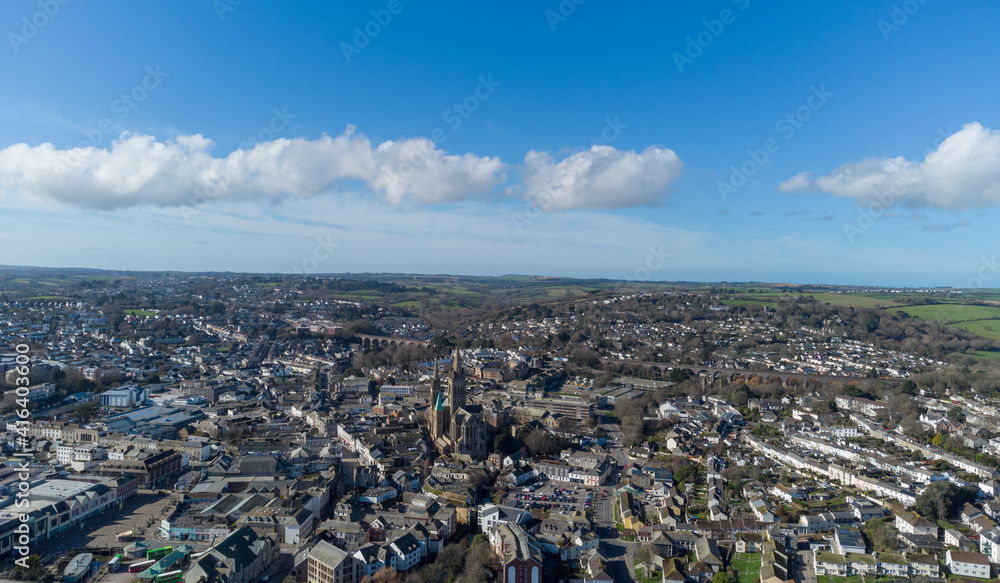 aerial view of truro city cornwall England uk with blue sky 