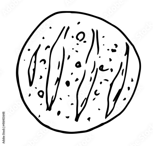 Vector isolated element of the round bread on top , and drawn in Doodle style with a black outline on white background. stylized simple flatbread with texture dots of seasoning and with three cuts of 
