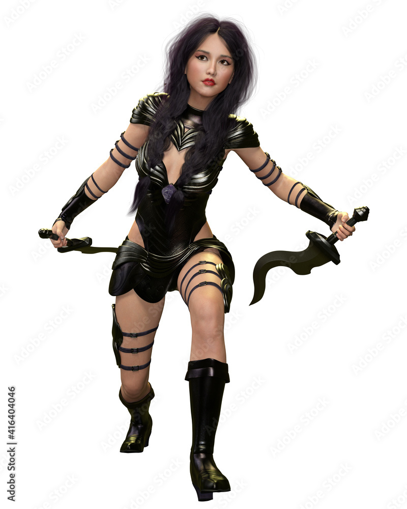 Warrior asian amazon woman with metal blades. Long beautiful hair Warrior asian amazon woman with metal blades. Long beautiful hair