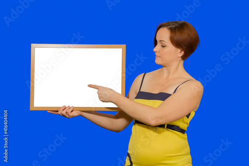 woman points finger at with blank mockup