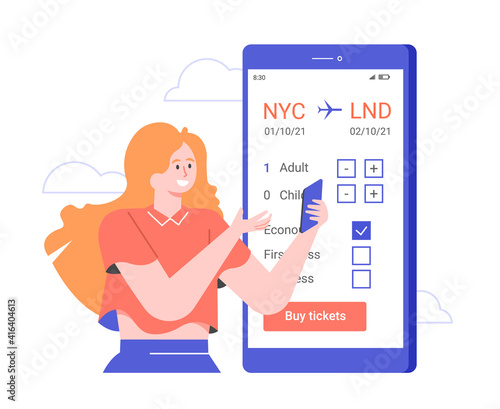 The girl books a plane ticket in the application on her smartphone. Digital technologies for comfortable travel. Vector flat illustration.
