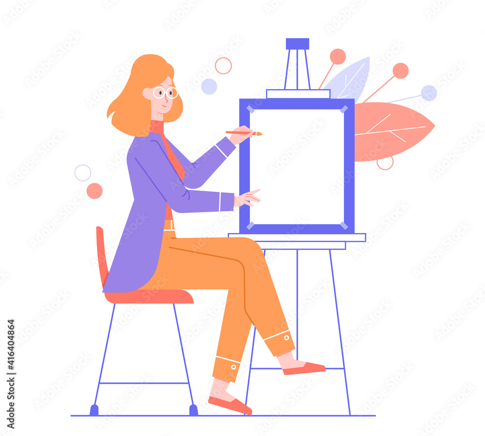 Cute girl artist at the easel. Draws a picture, creative hobby. Vector flat illustration.
