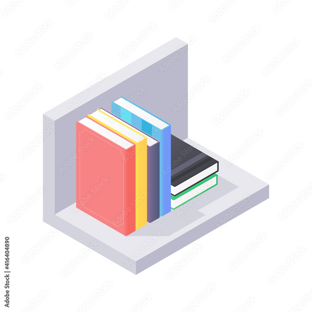 Books and chancellery on gray wooden bookshelf in isometric vector. Stacks of hard cover paper literature in shelf for education home or university interior. Rack with various home studying objects. Books and chancellery on gray wooden bookshelf in isometric vector. Stacks of hard cover paper literature in shelf for education home or university interior. Rack with various home studying objects.