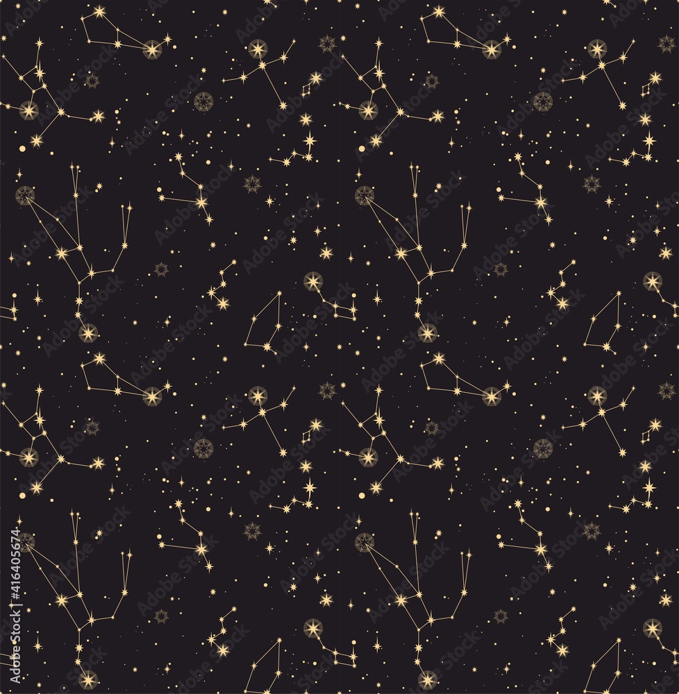 Fototapeta premium star constellation zodiac endless gold black seamless vector pattern