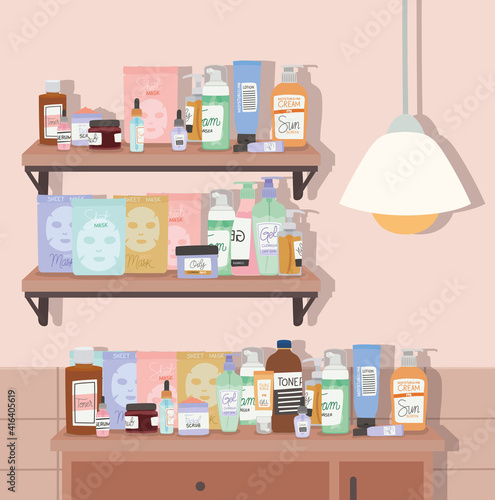 shelf and furniture full of skincare products