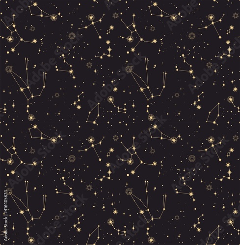 star constellation zodiac endless gold black seamless vector pattern