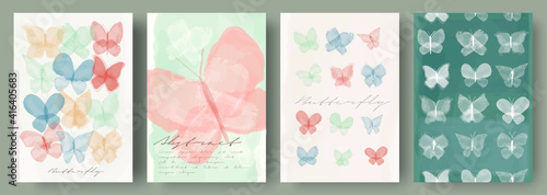 Watercolor butterflies, vector , brush strokes. Set of creative minimalist hand painted illustrations for wall decoration. Pastel colors. Handwritten inscriptions.