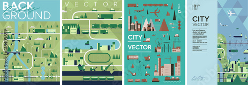 Cityscape. Set of vector illustrations. Urban landscape. Poster, Cover art. A pattern of urban elements.
