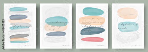 Watercolor paintings, vector. Set of creative minimalist hand painted illustrations for wall decoration. Pastel colors. Handwritten inscriptions.