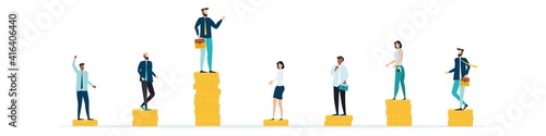 Economic inequalit. The gap between rich and poor.unfair income. White rich businessman standing on a tower of coins with a high salary with poor people black and white on low piles.Vector.