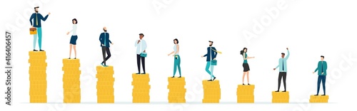 Economic inequalit. The gap between rich and poor.unfair income. White rich businessman standing on a tower of coins with a high salary with poor people black and white on low piles.Vector