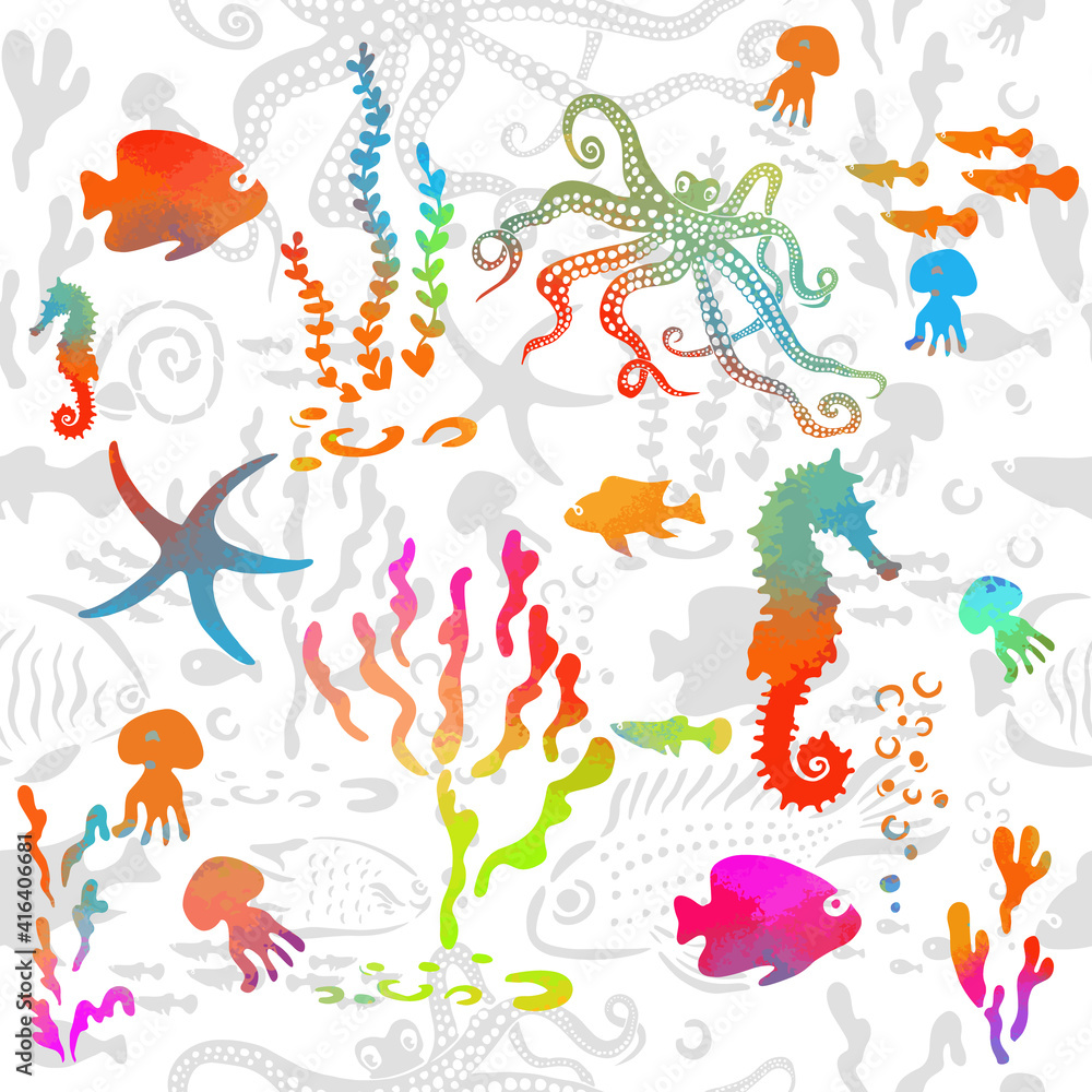 Marine animals seamless pattern. Mixed media. Multicolored background. Vector illustration Marine animals seamless pattern. Mixed media. Multicolored background. Vector illustration
