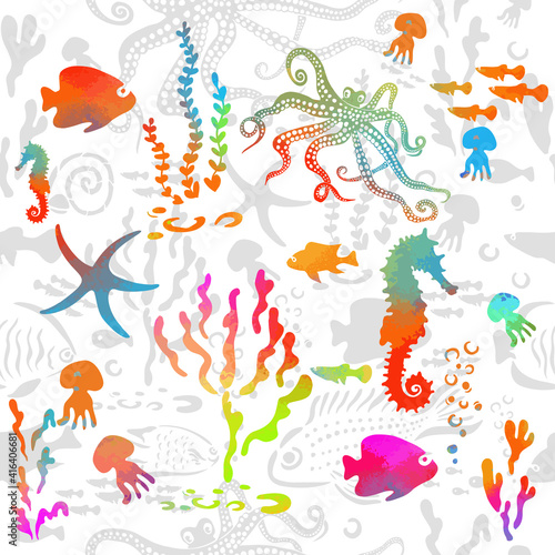 Marine animals seamless pattern. Mixed media. Multicolored background. Vector illustration