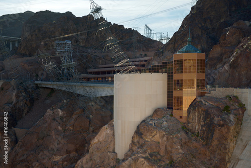 Visitors Center and power lines at Hoover Dam, Arizona, Nevada, USA