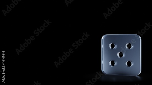 3d rendering frosted glass symbol of dice five isolated with reflection
