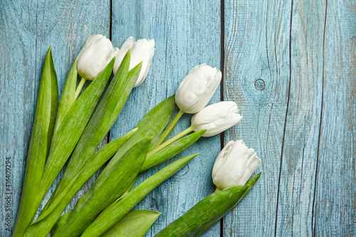 White flowers, fresh tulips on light blue wooden background