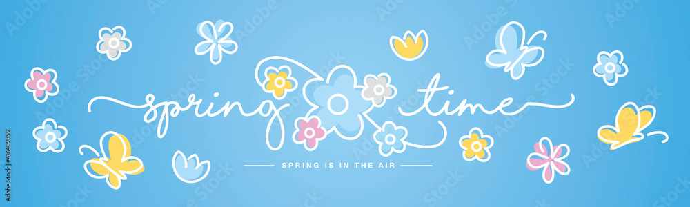 Hello Spring time handwritten typography lettering text spring is in the air line design colorful flowers butterflies tulips draw blue background banner