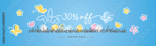 Easter Sale 30 percent off handwritten typography lettering line design bunny colorful flowers butterflies tulips Easter eggs in grass egg hunt blue greeting card