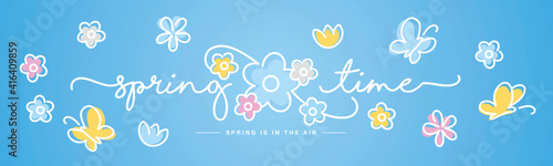 Hello Spring time handwritten typography lettering text spring is in the air line design colorful flowers butterflies tulips draw blue background banner