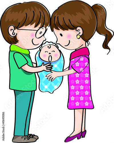 vector cartoon lover man and woman hold hand new born baby new father and mother