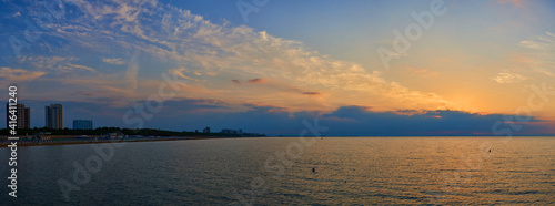 Amazing Sunset on the Sea. Adriatic sea, beautiful sunset, waves and landscape.  Lignano Sabbiadoro, Italy.