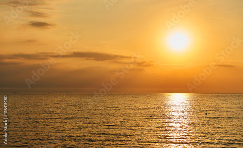Amazing Sunset on the Sea. Adriatic sea  beautiful sunset  waves and landscape.  Lignano Sabbiadoro  Italy.