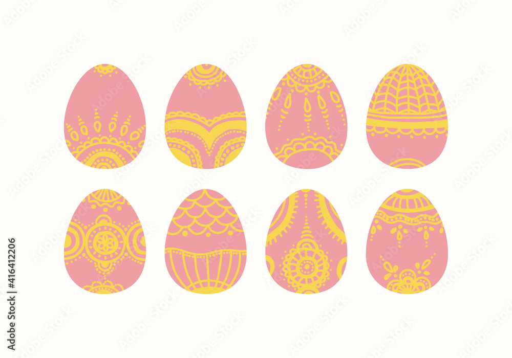 Set of decorative Easter eggs. Vector illustration for design. Isolated on white background abstract shapes and patterns. Pink and yellow colors.