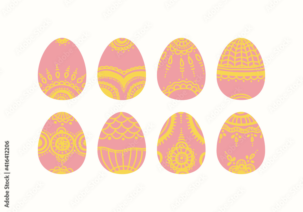Set of decorative Easter eggs. Vector illustration for design. Isolated on white background abstract shapes and patterns. Pink and yellow colors. Set of decorative Easter eggs. Vector illustration for design. Isolated on white background abstract shapes and patterns. Pink and yellow colors.