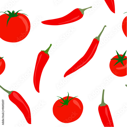 Vegetable seamless pattern with ripe peppers and tomatoes. Food.