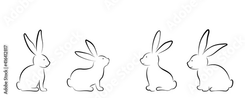 Vector set with bunny outline, collection with rabbits in different position, lineart.