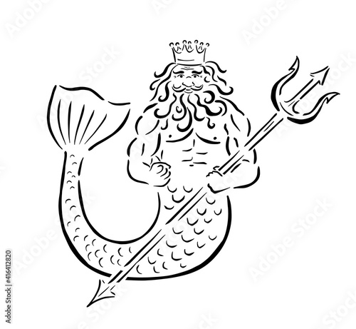 Poseidon with a trident line. Vector illustration