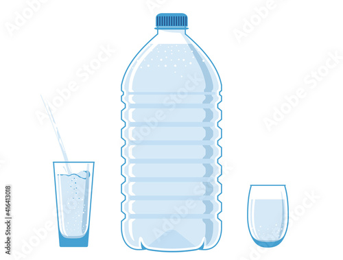5 liter bottle, plastic water flask. Filled with liquid. Full glasses stand nearby. Water is poured into one cup.