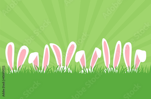 Easter bunnies ears in row in grass, cartoon rabbits ears border. Easter eggs hunt. Cute holiday background. Greeting card, space for your text. Spring illustration