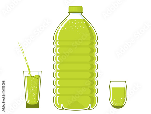 5 liter bottle, plastic water flask. Filled with green liquid. Full glasses stand nearby. Water is poured into one cup.