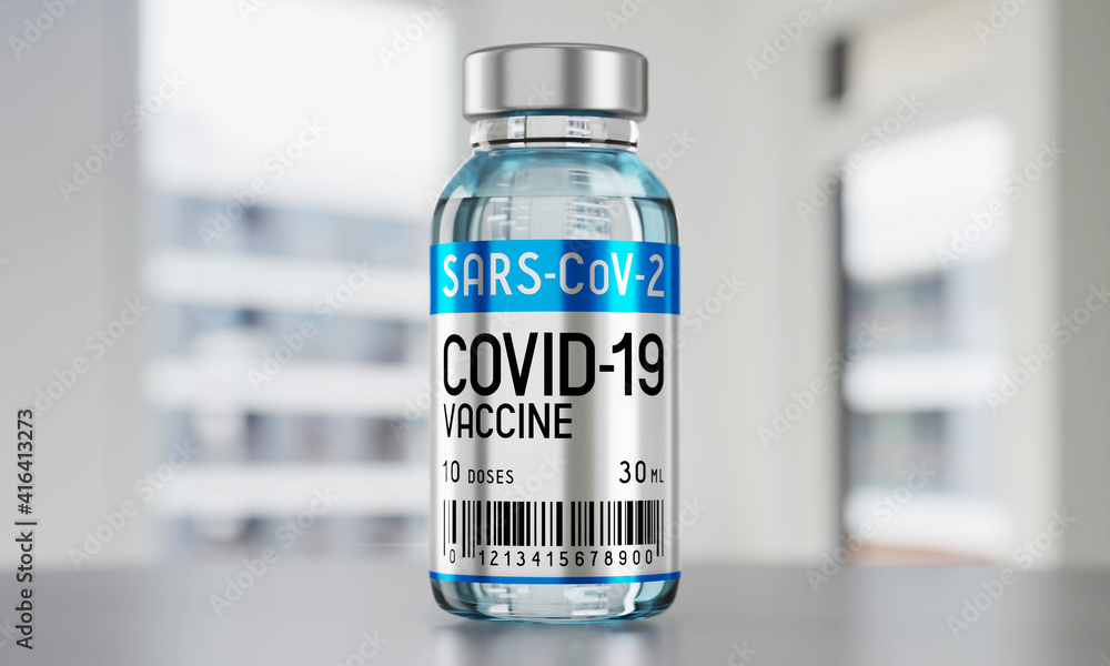 Covid-19, SARS-CoV-2, coronavirus vaccine vial, defocused background - 3D illustration