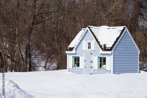 Winter view of a cute tiny house garden shed with white shutters after a snowfall