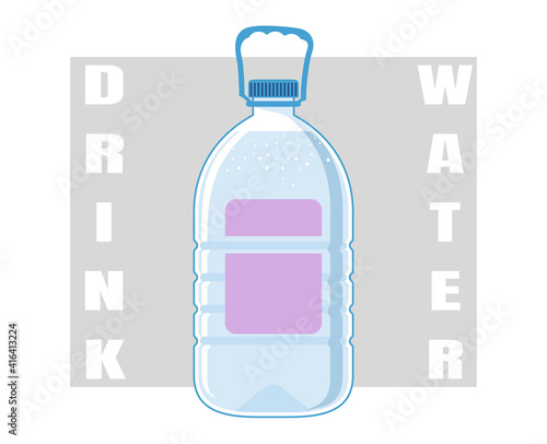 5 liter bottle, plastic water flask. Filled with liquid. Items are isolated on a gray background.