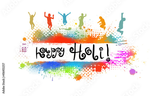 Happy Holi. The background spots. Multicolored happy people. Vector illustration
