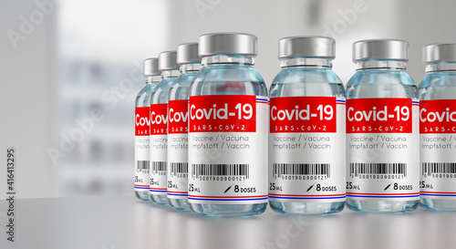 Covid-19, SARS-CoV-2, coronavirus vaccine vials, defocused background - 3D illustration